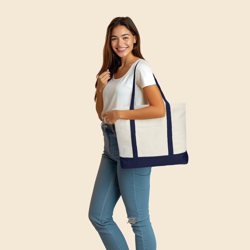 DALIX 22" Large Cotton Canvas Zippered Shopping Tote Grocery Bag in Navy Blue - Image 4